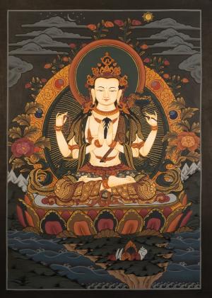 Avalokiteshvara Chengrezig Thangka | Original Hand-painted Arya Bodhisattva | Vajrayana Buddhism Painting